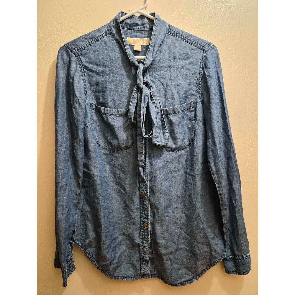 Michael Kors Womens Blue Denim Chambray Tie Neck Bow Front Long Sleeve Shirt S